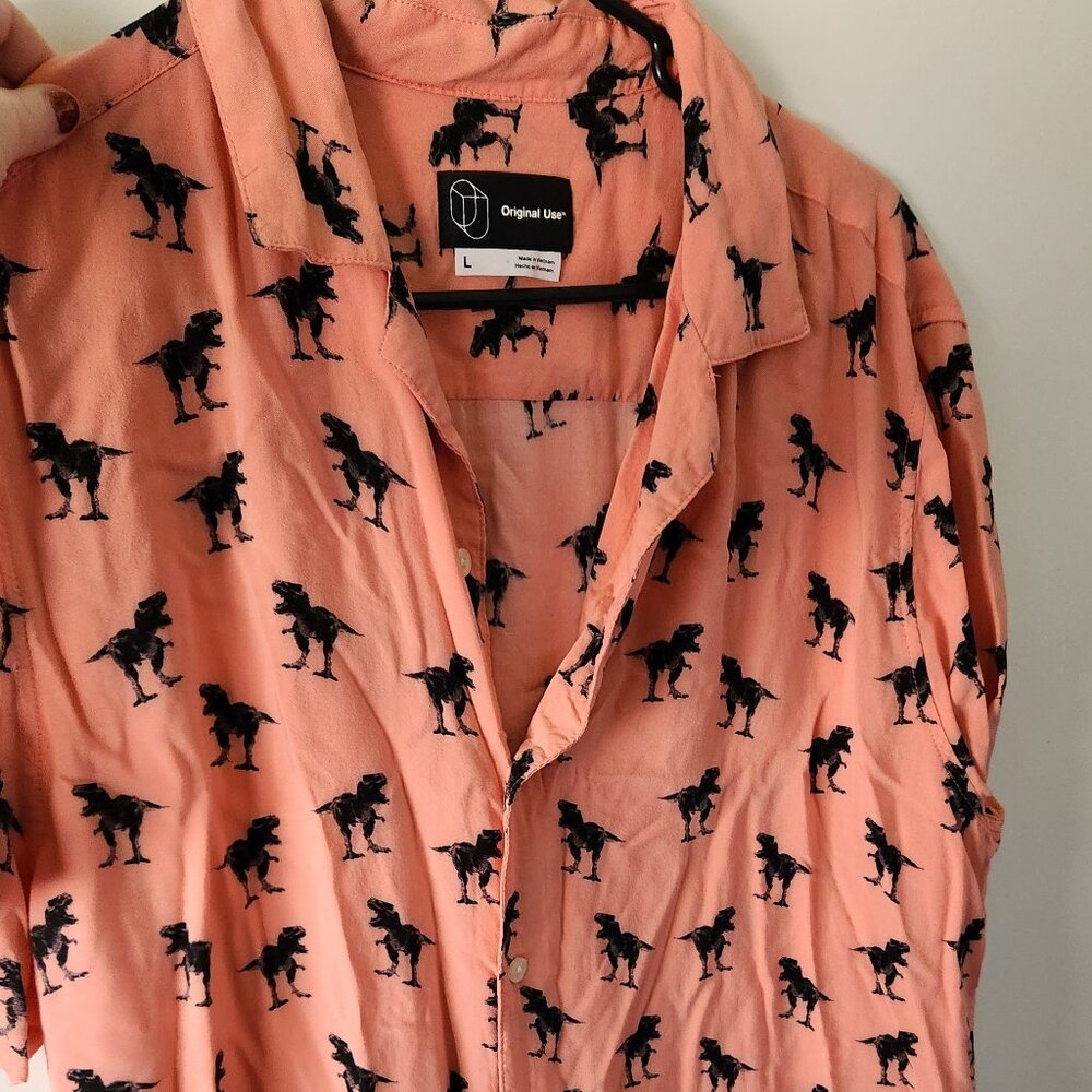 Peach Dinosaur Print Button Up Shirt